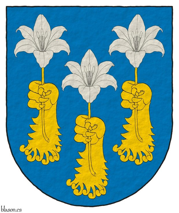 Or, three lions paws erect and erased Or, 2 and 1, each grasping a Madonna lily Argent.
