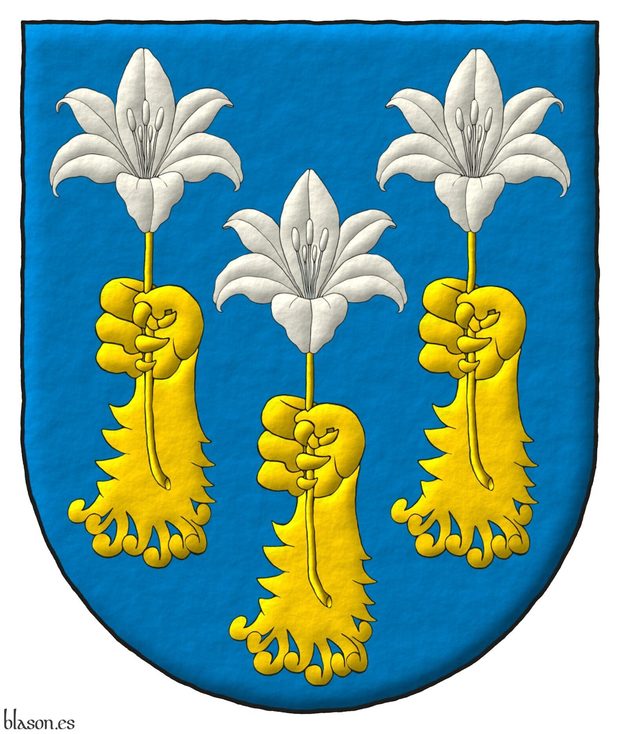 Escudo de oro, tres garras de len arrancadas y alzadas de oro, ordenadas, 2 y 1, teniendo cada una una azucena de plata.