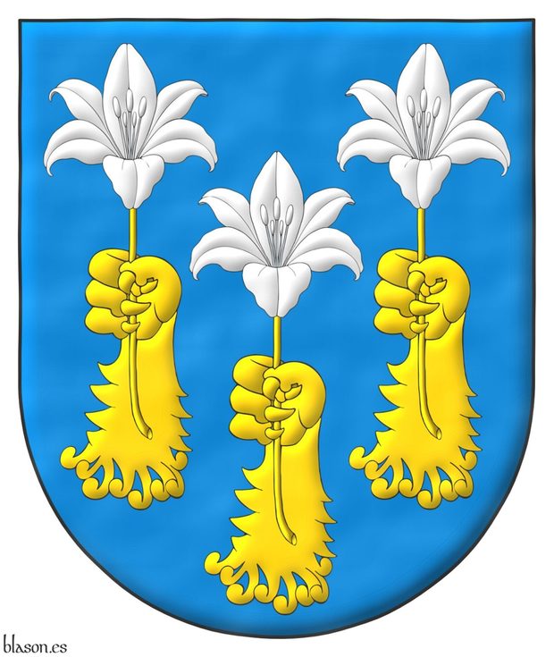 Or, three lions paws erect and erased Or, 2 and 1, each grasping a Madonna lily Argent.