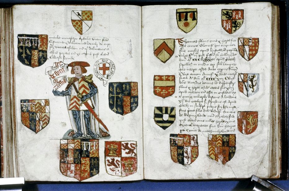 Folio 26r features a text page with ten coat of arms.