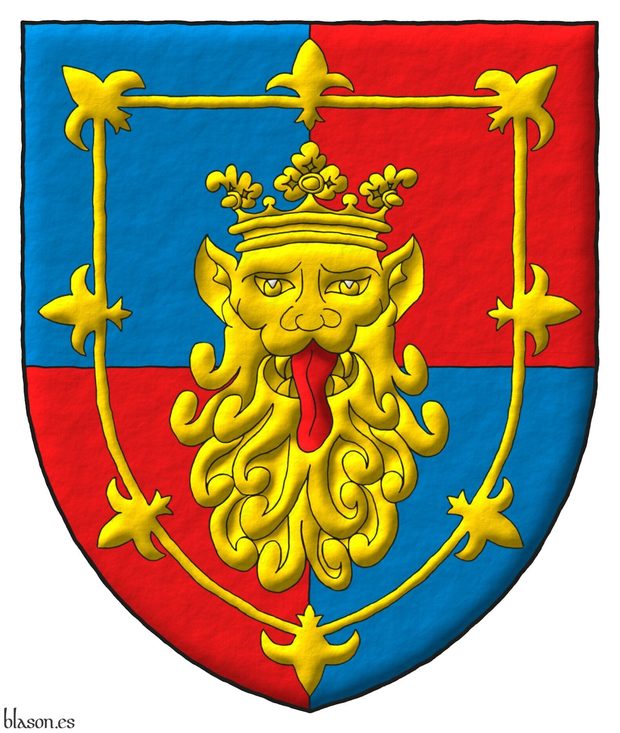 Escudo cuartelado de azur y gules; brochante sobre el todo, una cabeza de leopardo coronada de oro, lampasada de gules, dentro de un trechor flordelisado de oro.