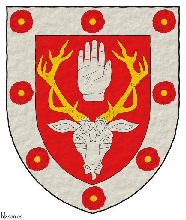 Gules, a stag's head caboshed Argent, attired Or, between its attires a dexter hand appaume, couped at the wrist; on a bordure Argent eight camellias Gules, seeded Or.