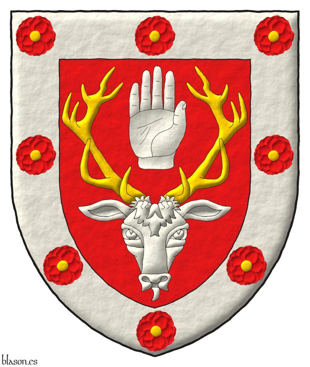 Escudo de gules, un rencuentro de ciervo de plata, ramado de oro, entre sus cuernas, una mano diestra apalmada y cortada por la mueca; una bordura de plata cargada de ocho camelia de Gules, botonadas de oro.