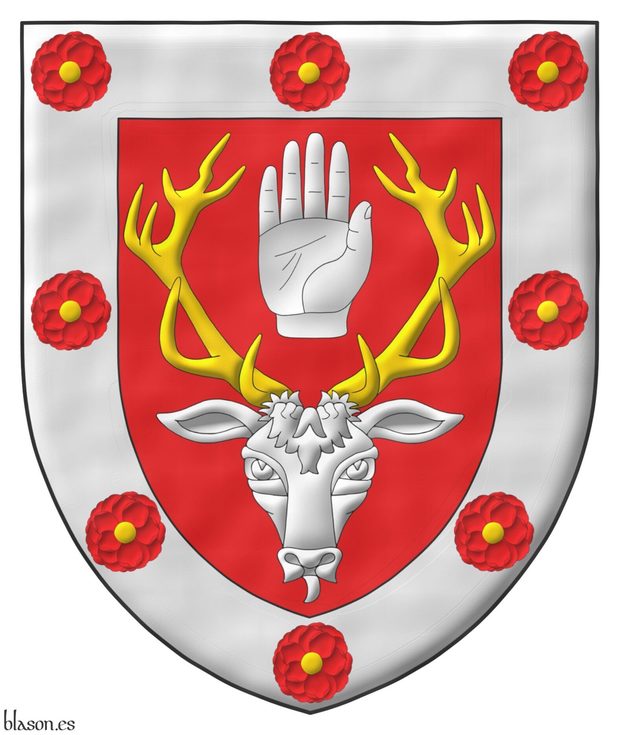 Gules, a stag's head caboshed Argent, attired Or, between its attires a dexter hand appaume, couped at the wrist; on a bordure Argent eight camellias Gules, seeded Or.