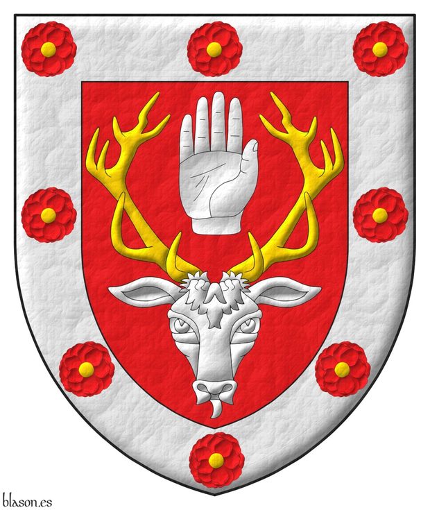 Gules, a stag's head caboshed Argent, attired Or, between its attires a dexter hand appaume, couped at the wrist; on a bordure Argent eight camellias Gules, seeded Or.