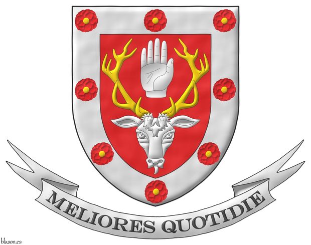 Escudo de gules, un rencuentro de ciervo de plata, ramado de oro, entre sus cuernas, una mano diestra apalmada y cortada por la mueca; una bordura de plata cargada de ocho camelia de Gules, botonadas de oro. Lema: Meliores Quotidie.