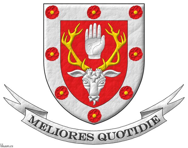 Gules, a stag's head caboshed Argent, attired Or, between its attires a dexter hand appaume, couped at the wrist; on a bordure Argent eight camellias Gules, seeded Or. Motto: Meliores Quotidie.