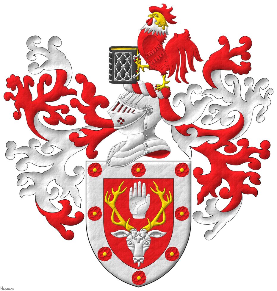 Gules, a stag's head caboshed Argent, attired Or, between its attires a dexter hand appaume, couped at the wrist; on a bordure Argent eight camellias Gules, seeded Or. Crest: Upon a helm with a wreath Argent and Gules, a gamecock, armed, crested and bearded Gules, the neck Argent, beaked, membered and the head Or, supporting with its dexter talon a closed book Sable, leaved Or, garnished Argent.