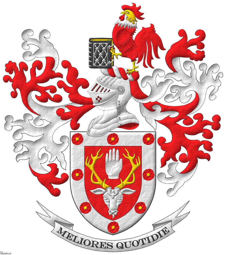 Gules, a stag's head caboshed Argent, attired Or, between its attires a dexter hand appaume, couped at the wrist; on a bordure Argent eight camellias Gules, seeded Or. Crest: Upon a helm with a wreath Argent and Gules, a gamecock, armed, crested and bearded Gules, the neck Argent, beaked, membered and the head Or, supporting with its dexter talon a closed book Sable, leaved Or, garnished Argent. Motto: Meliores Quotidie.