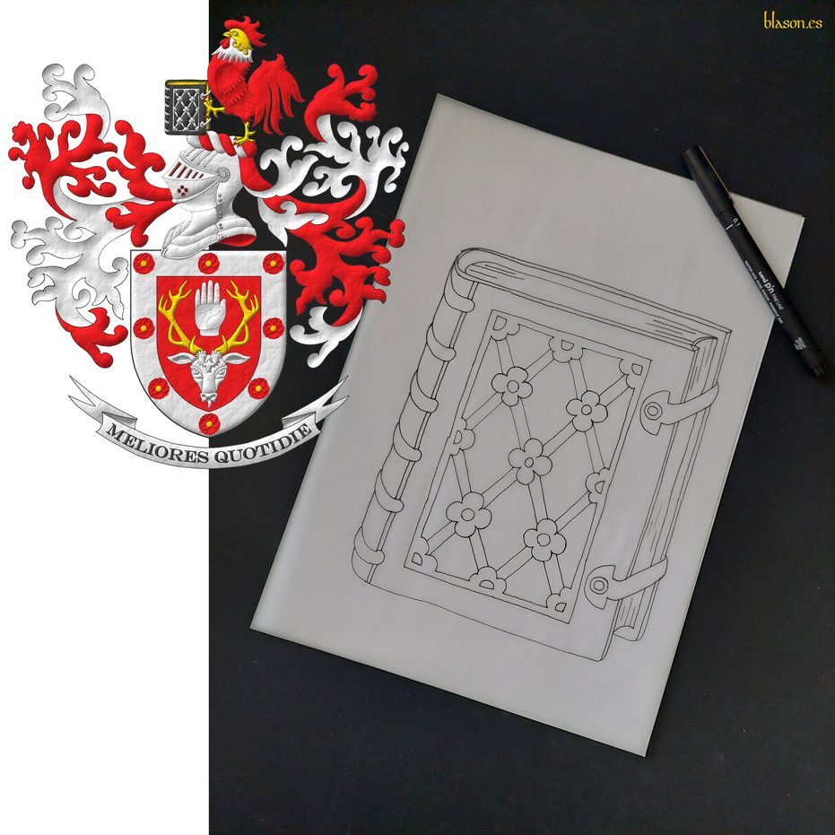 Gules, a stag's head caboshed Argent, attired Or, between its attires a dexter hand appaume, couped at the wrist; on a bordure Argent eight camellias Gules, seeded Or. Crest: Upon a helm with a wreath Argent and Gules, a gamecock, armed, crested and bearded Gules, the neck Argent, beaked, membered and the head Or, supporting with its dexter talon a closed book Sable, leaved Or, garnished Argent. Motto: Meliores Quotidie.