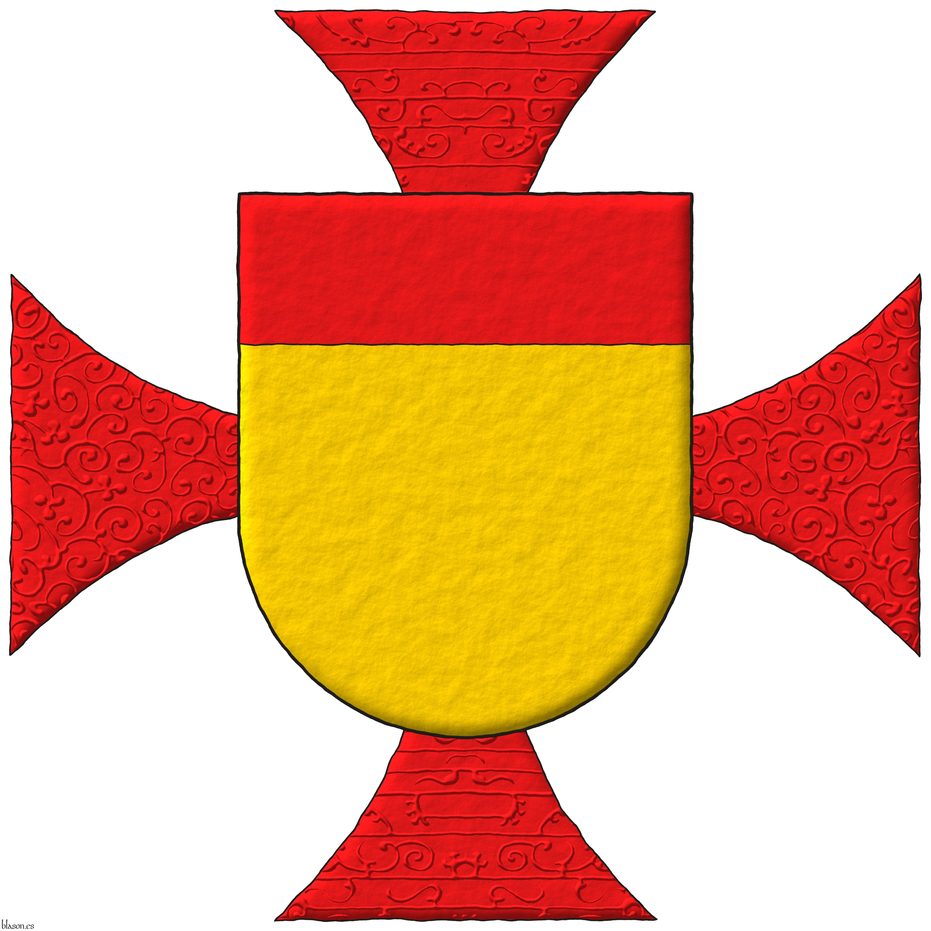 Or, a chief Gules. Behind the shield a cross patty Gules.