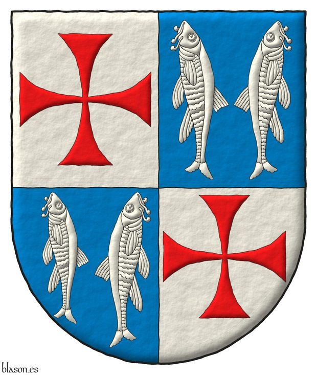 Escudo cuartelado: 1o y 4o de plata, una cruz patada de gules; 2o y 3o de de azur, dos barbos adosados de plata.