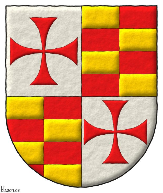 Quarterly: 1 and 4 Argent, a cross patty Gules; 2 and 3 Barry of four per pale counterchanged Or and Gules.