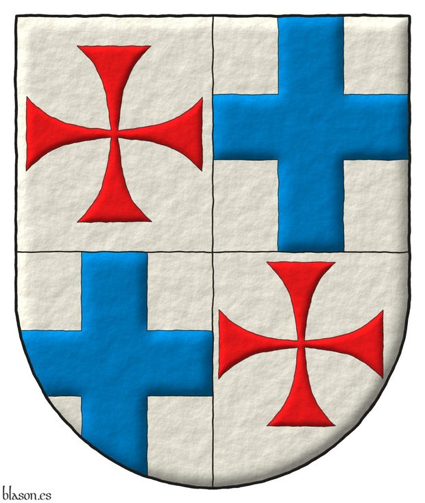 Escudo cuartelado: 1o y 4o de plata, una cruz patada de gules; 2o y 3o de plata, una cruz de azur.