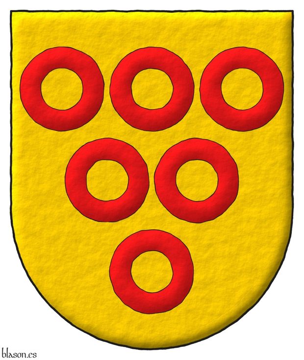 Or, six annulets Gules, 3, 2, and 1.
