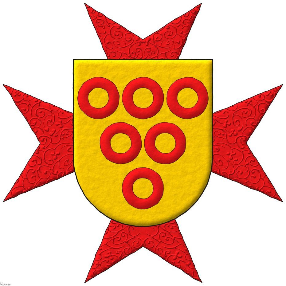 Escudo de oro, seis anilletes de gules, ordenados 3, 2 y 1. Acolada al escudo una cruz aguzada de ocho puntas de gules.