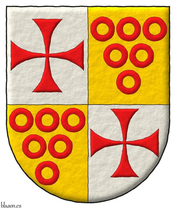 Quarterly: 1 and 4 Argent, a cross patty Gules; 2 and 3 Or, six annulets Gules, 3, 2, and 1.