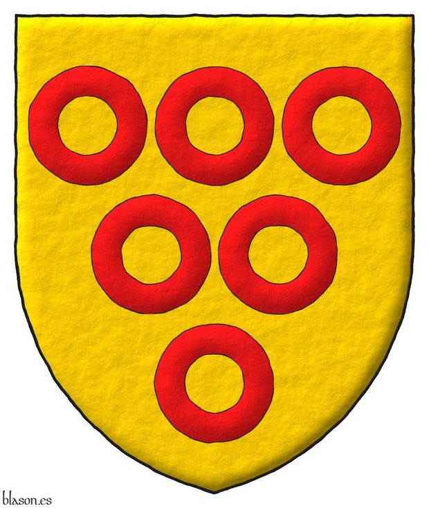 Or, six annulets Gules, 3, 2, and 1.