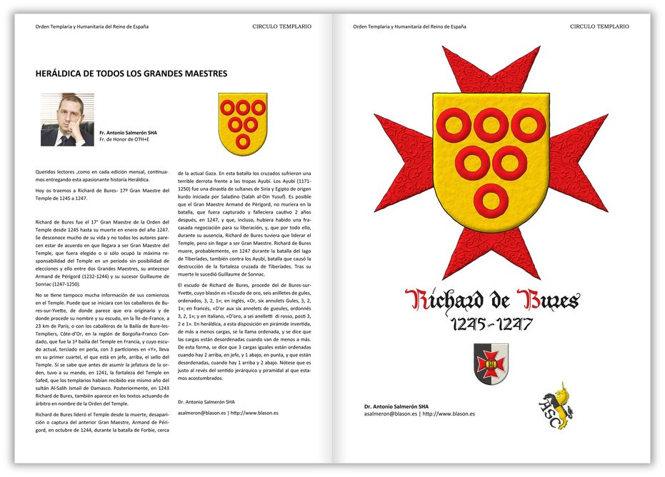 Or, six annulets Gules, 3, 2, and 1. Behind the shield an eight-pointed cross patty Gules.