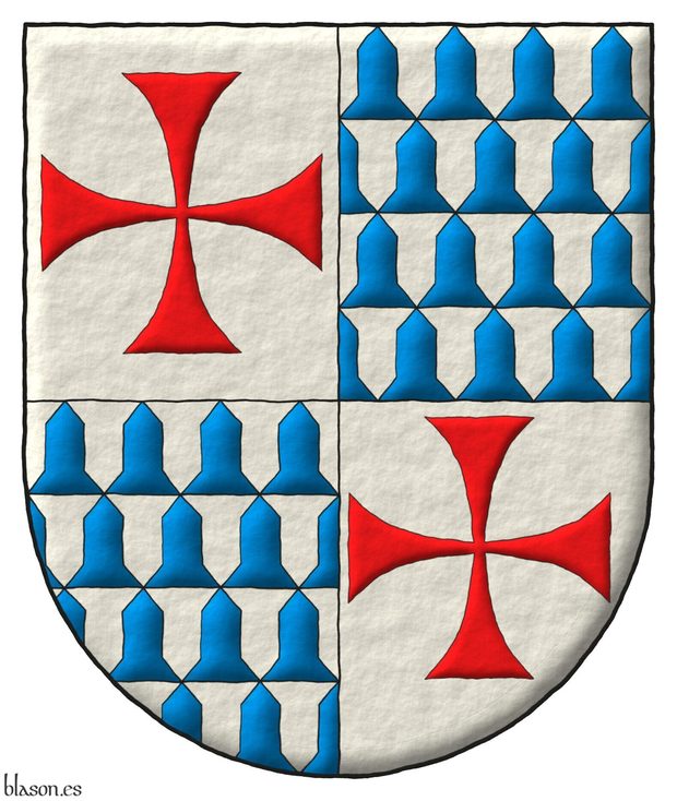Escudo cuartelado: 1o y 4o de plata, una cruz patada de gules; 2o y 3o de de veros.