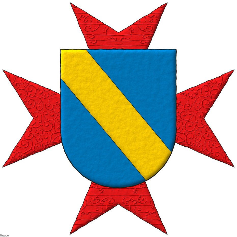 Azure, a bend Or. Behind the shield an eight-pointed cross patty Gules.