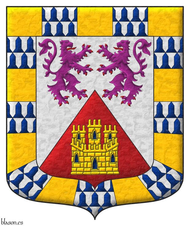 Party per chevron Argent and Gules, in chief two lions combatant Purpure, armed and langued Gules [for Leon], in base a castle triple-towered Or, port and windows Azure, masoned Sable [for Castile]; a bordure compony of eighteen sections Or and vair [for �lvarez de las Asturias].