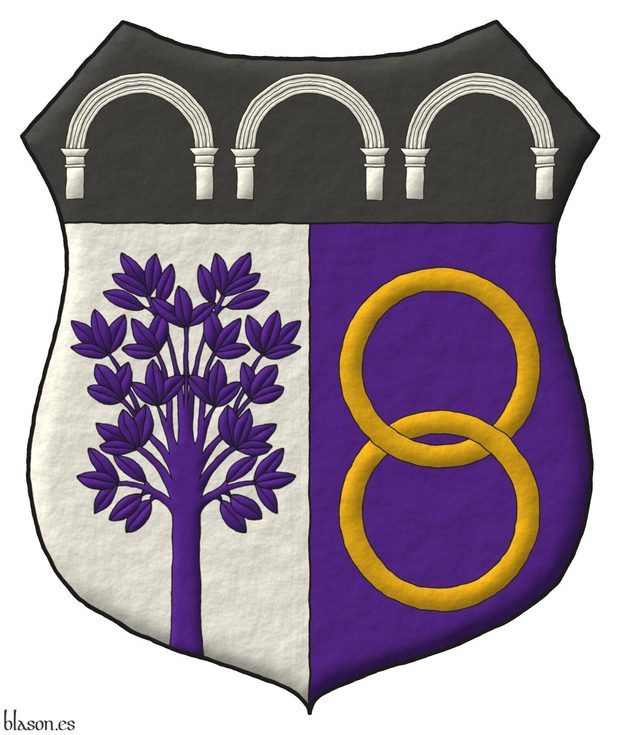 Escudo partido: 1o de plata, un rbol moviente de la punta de morado; 2o de morado, dos anilletes entrelazos, en palo de oro; en un jefe de sable, tres arcos de plata.