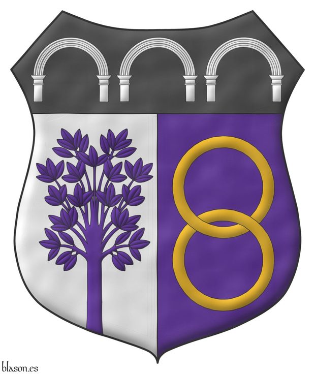 Party per pale: 1 Argent, a tree issuant from base Murrey; 2 Murrey; two annulets interlaced, in pale Or; in a chief Sable, three arches Argent.