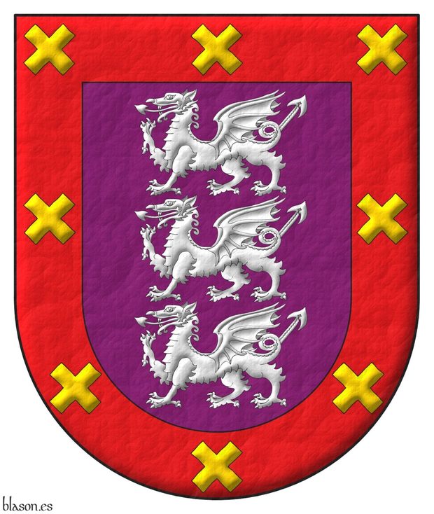 Purpure, three dragons passant, in pale Argent; a bordure Gules, eight saltires couped Or.