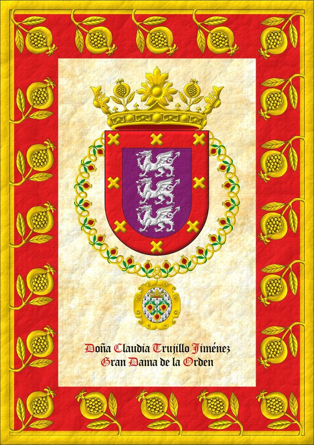 Purpure, three dragons passant, in pale Argent; a bordure Gules, eight saltires couped Or. Crest: A crown of the Sovereign and Most Noble Order of the Pomegranate. The shield is surrounded by the Grand Collar of the Sovereign and Most Noble Order of the Pomegranate.