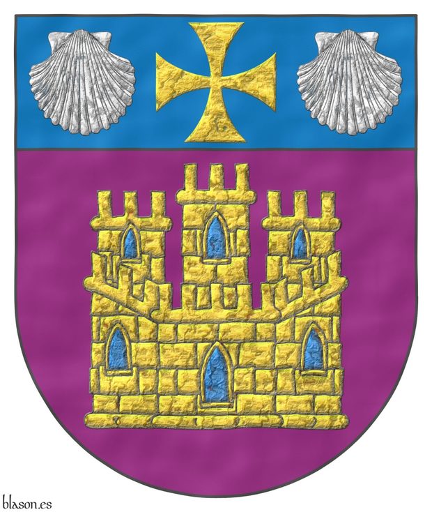 Escudo de púrpura, un castillo de oro, aclarado de azur, mazonado de sable; el jefe de azur, una cruz patada de oro, acompañada de dos veneras de plata.