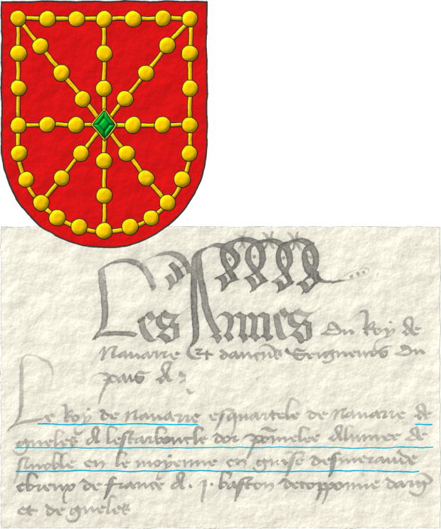 Escudo de gules: un carbunclo cerrado, pomelado de oro; brochante en el centro, una esmeralda de sinople, en forma de losange.