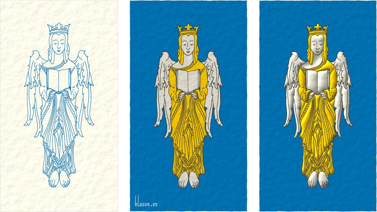 Azure, an angel Argent, crowned, crined and vested Or holding an open book Argent.