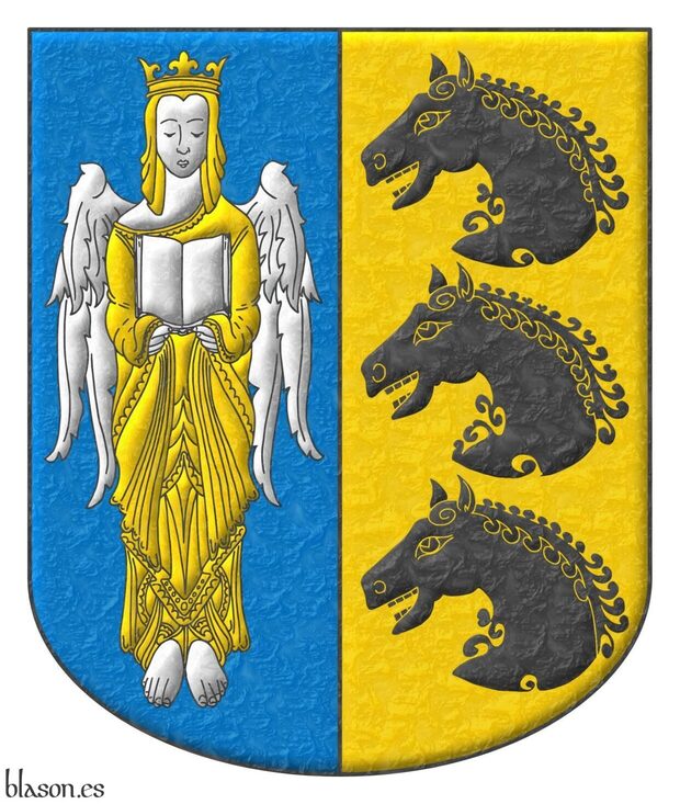 Party per pale: 1 Azure, an angel Argent, crowned, crined and vested Or holding an open book Argent; 2 Or, three horses' heads couped, in pale Sable.