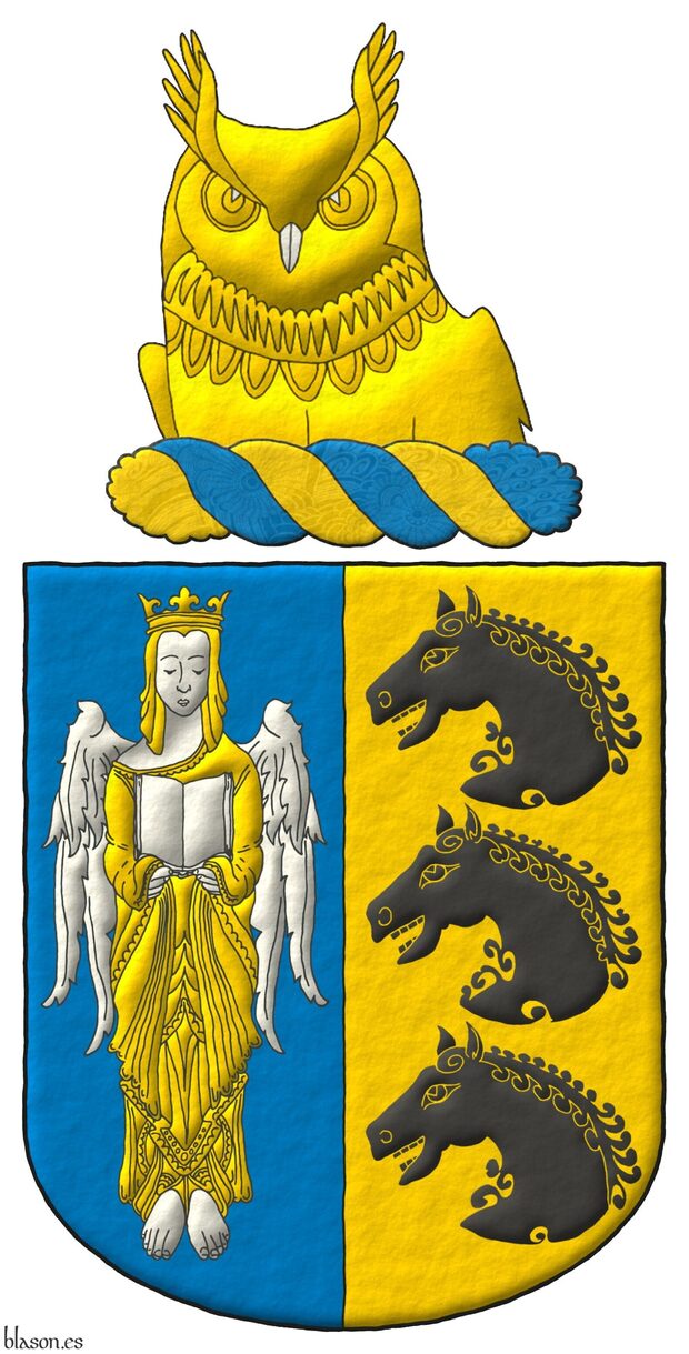 Party per pale: 1 Azure, an angel Argent, crowned, crined and vested Or holding an open book Argent; 2 Or, three horses' heads couped, in pale Sable. Crest: Upon a wreath Or and Azur, an owl's head couped at the shoulders Or, beaked Argent.
