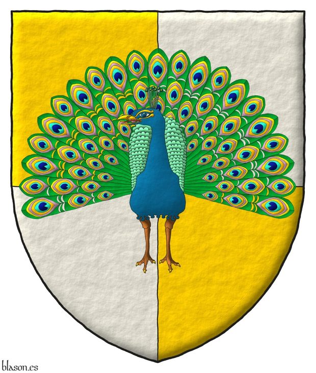 Escudo cuartelado de oro y plata, sobre el todo un pavo real ruante al natural.