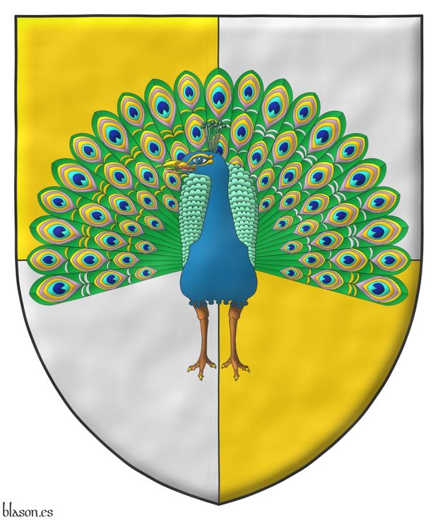 Quarterly Or and Argent, overall a peacock in his splendour proper.