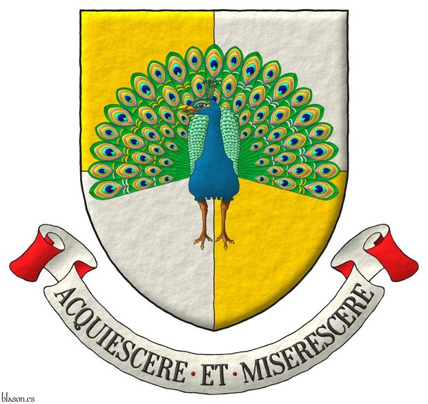 Escudo cuartelado de oro y plata, sobre el todo un pavo real ruante al natural. Lema: Acquiescere et Miserescere.