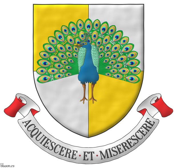 Quarterly Or and Argent, overall a peacock in his splendour proper. Motto: Acquiescere et Miserescere.