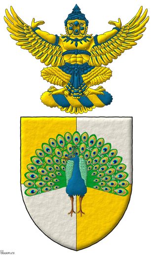 Escudo cuartelado de oro y plata, sobre el todo un pavo real ruante al natural. Timbrado de un burelete de oro y azur, cimado de un dios Garuda sentado de oro, coronado y vestido de azur.