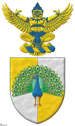 Quarterly Or and Argent, overall a peacock in his splendour proper. Crest: Upon a wreath Or and Azure, a god Garuda sejant Or, crowned and vested azure.