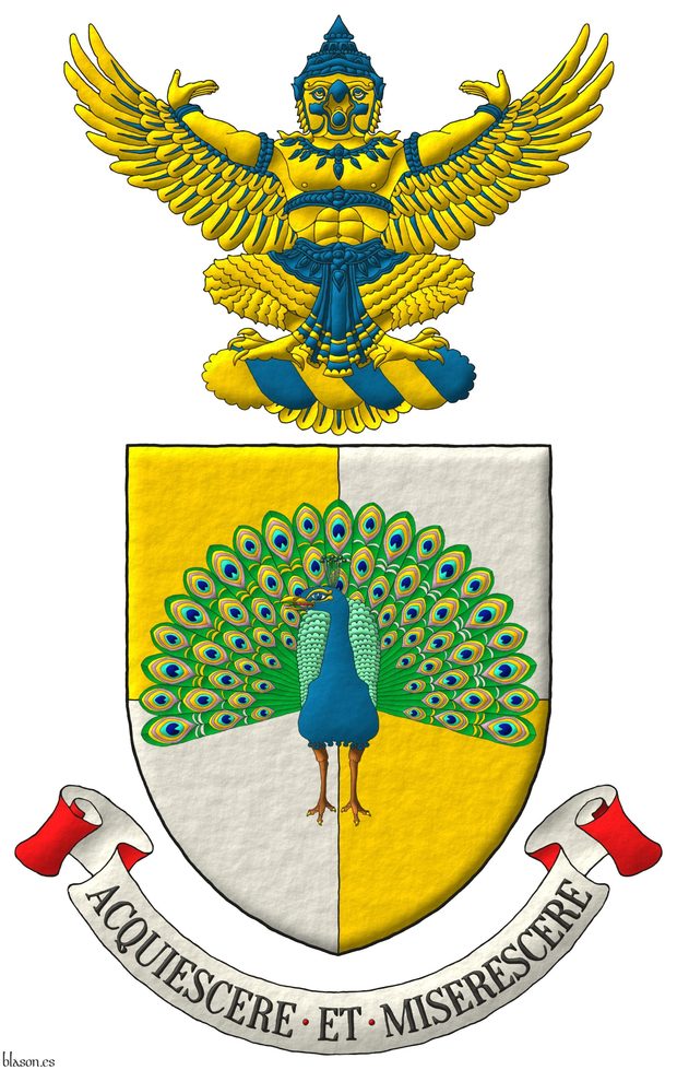 Escudo cuartelado de oro y plata, sobre el todo un pavo real ruante al natural. Timbrado de un burelete de oro y azur, cimado de un dios Garuda sentado de oro, coronado y vestido de azur. Lema: Acquiescere et Miserescere.