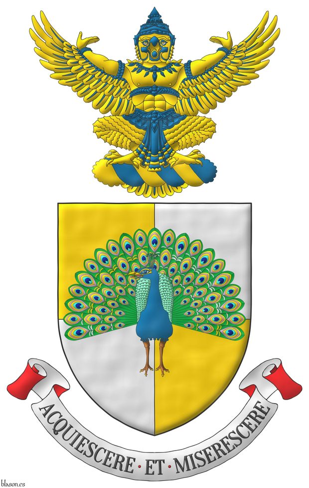 Quarterly Or and Argent, overall a peacock in his splendour proper. Crest: Upon a wreath Or and Azure, a god Garuda sejant Or, crowned and vested azure. Motto: Acquiescere et Miserescere.