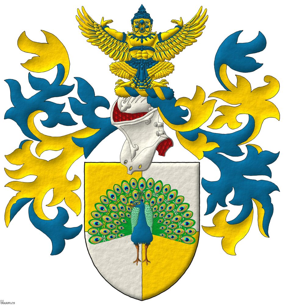 Escudo cuartelado de oro y plata, sobre el todo un pavo real ruante al natural. Timbrado de un yelmo adornado de dos lambrequines de azur doblados de oro, un burelete de oro y azur, cimado de un dios Garuda sentado de oro, coronado y vestido de azur.