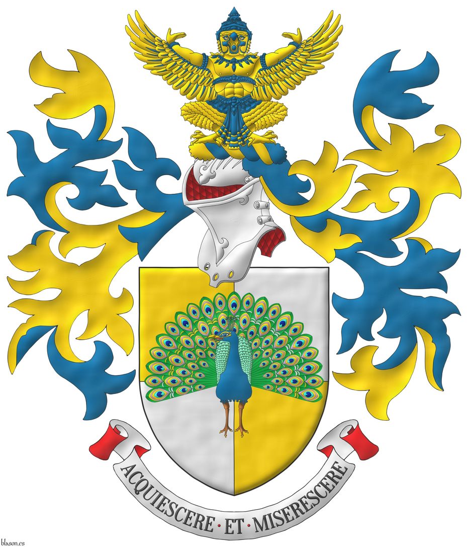 Quarterly Or and Argent, overall a peacock in his splendour proper. Crest: Upon a helm with a wreath Or and Azure, a god Garuda sejant Or, crowned and vested azure. Mantling: Azure doubled Or. Motto: Acquiescere et Miserescere.