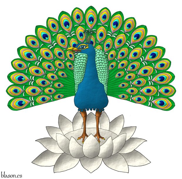 Un pavo real ruante al natural posado sobre una flor de loto de plata.