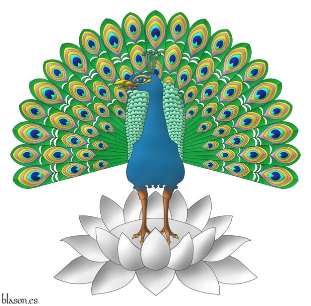 Perched upon a lotus flower Argent a peacock in his splendour proper.