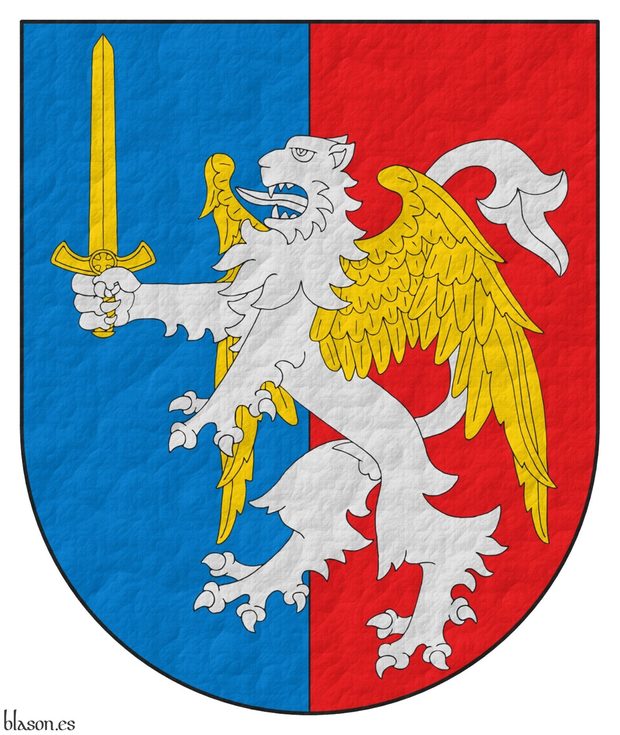 Escudo partido de azur y gules, brochante sobre el todo un len rampante de plata, alado de oro, teniendo en su garra diestra una espada alzada de oro.