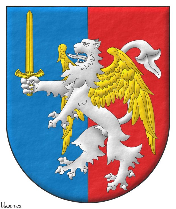 Escudo partido de azur y gules, brochante sobre el todo un len rampante de plata, alado de oro, teniendo en su garra diestra una espada alzada de oro.