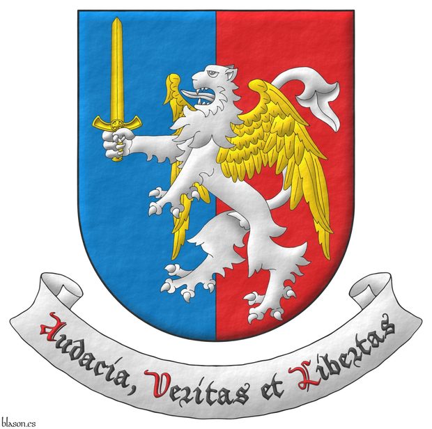 Escudo partido de azur y gules, brochante sobre el todo un len rampante de plata, alado de oro, teniendo en su garra diestra una espada alzada de oro. Motto: Audacia,Veritas et Libertas.